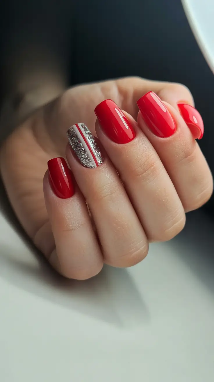 Stylish Red Manicure Winter 2025-2026 Silver Stripe Sophistication