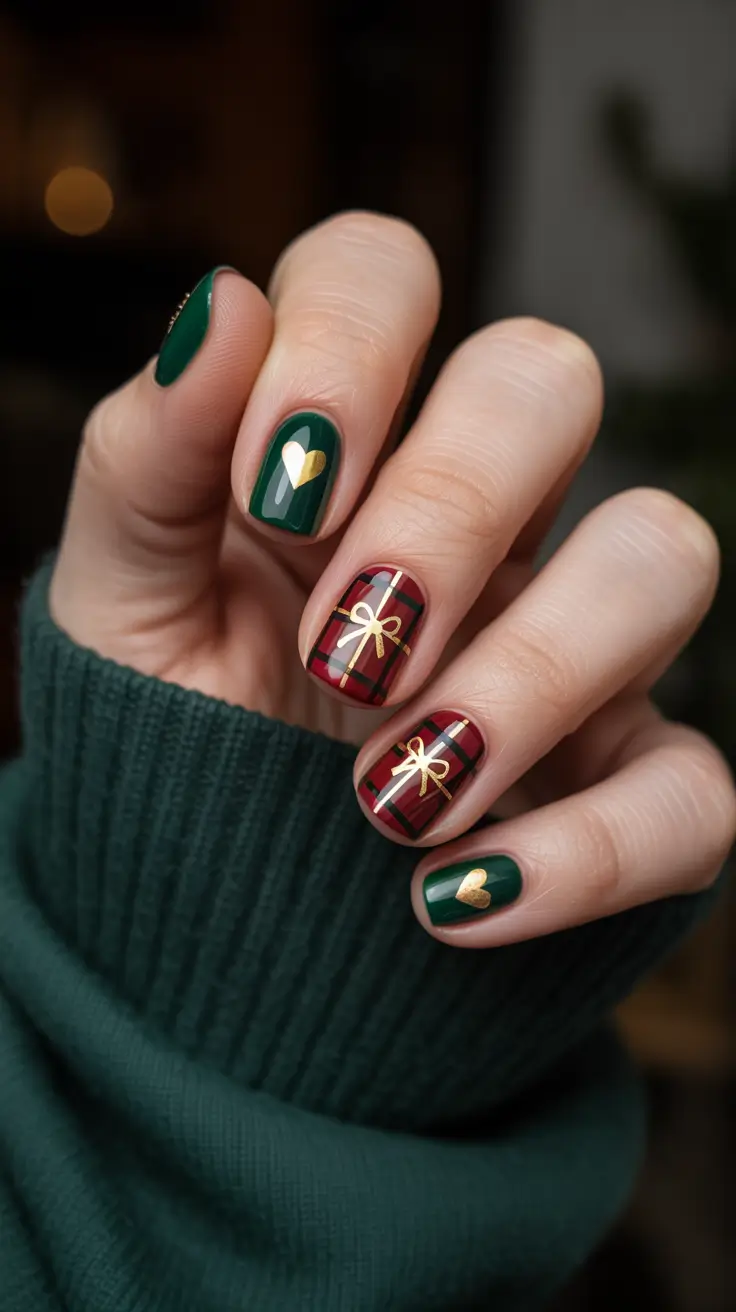Trendy Manicure Colors Winter 2025–2026 Festive Plaid & Gold Accents