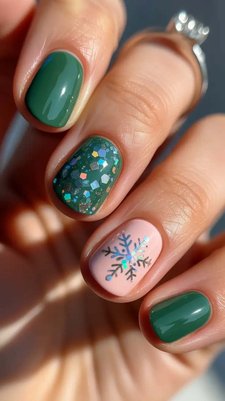 Trendy short winter nail 2025-2026 evergreen frost charm
