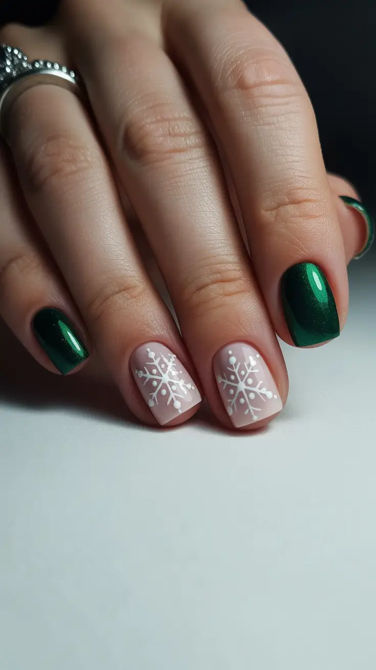 Trendy short winter nail 2025-2026 emerald snowflakes