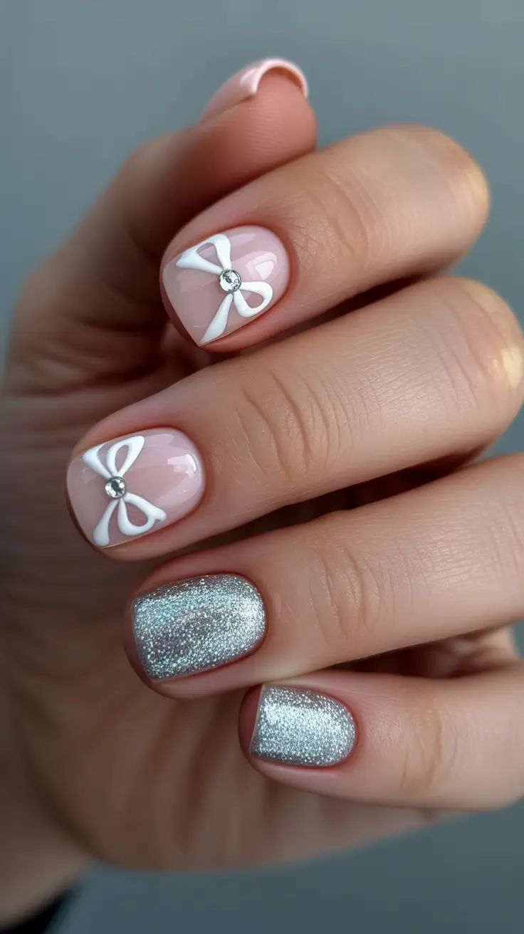 Trendy short winter nail 2025-2026 silver bows blush glow