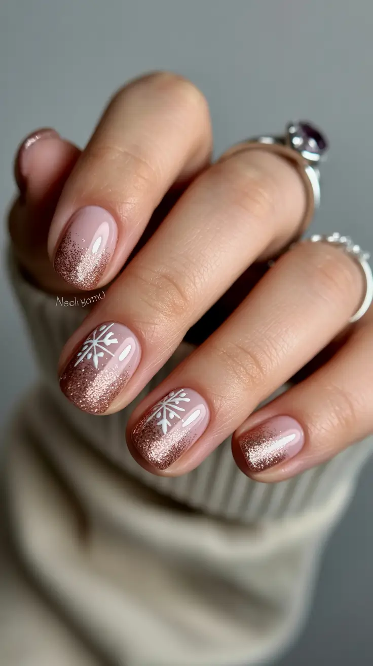 Trendy short winter nail 2025-2026 rose gold snowdust