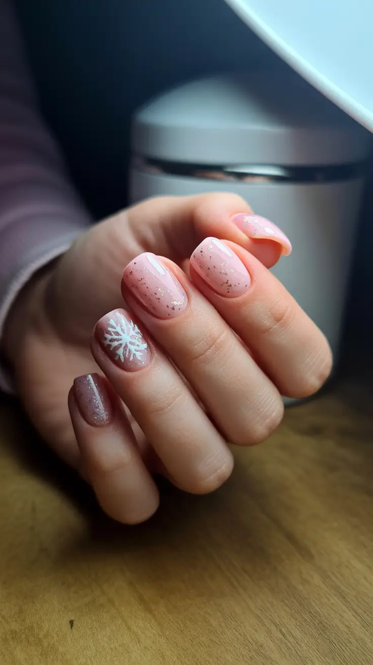 Trendy Short Winter Nail 2025–2026 Subtle Sparkle with a Snowflake Accent