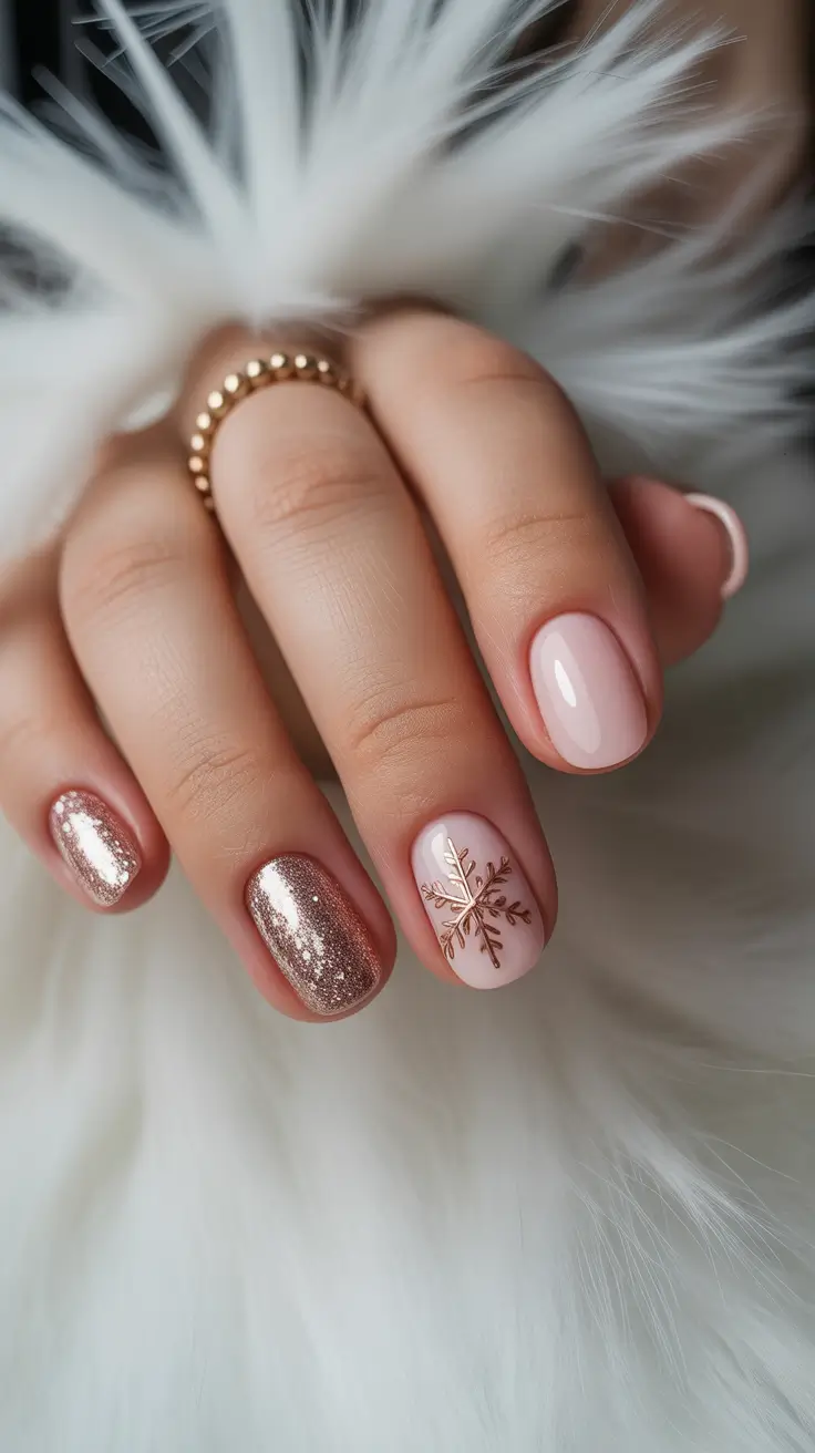 Trendy short winter nail 2025-2026 rose gold snowflake