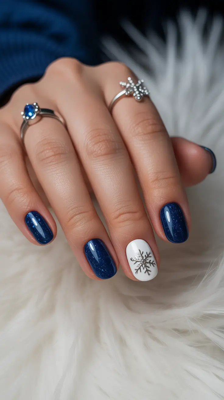 Trendy Short Winter Nail 2025–2026 Midnight Snowfall Glam