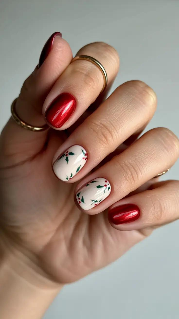 Trendy Short Winter Nail 2025–2026 Classic Red & Holly Charm