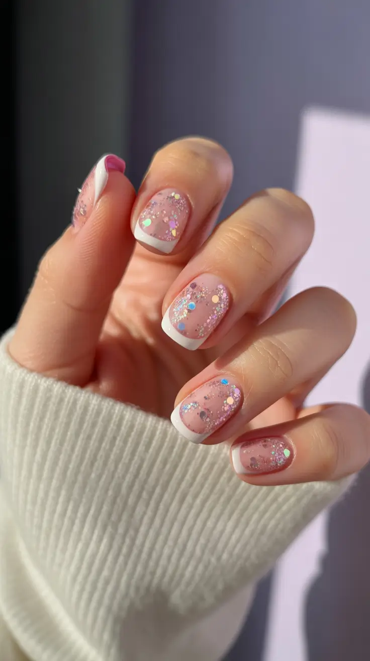 Trendy Short Winter Nail 2025–2026 Frosted French Sparkle
