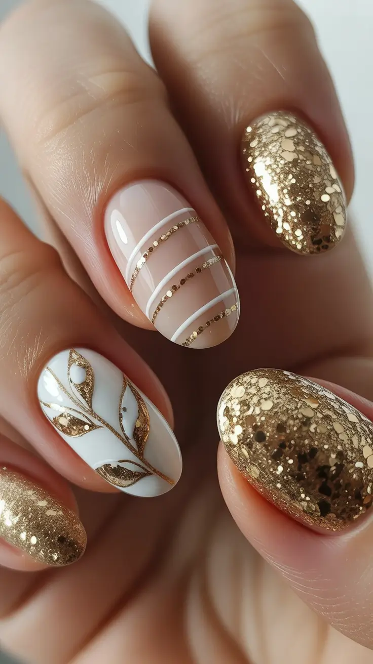 Trendy short winter nail 2025-2026 golden glam geometry