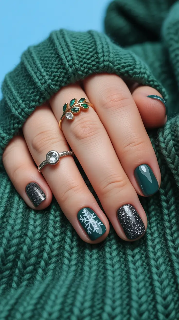Trendy short winter nail 2025-2026 emerald snow nights