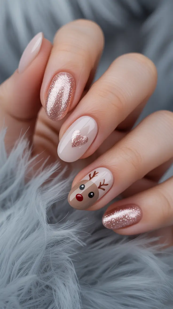 Trendy short winter nail 2025-2026 reindeer blush