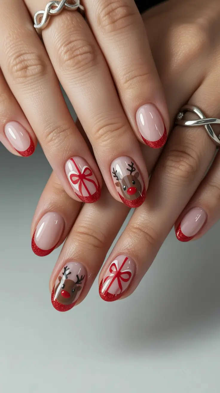 Trendy short winter nail 2025-2026 red ribbons reindeer cheer