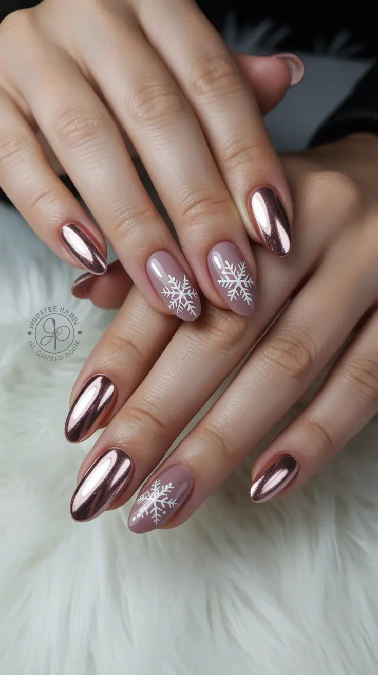 Trendy Winter Nail Colors 2025–2026 Rosy Chrome Snowflakes