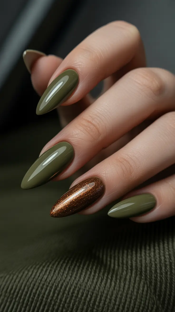Trendy Winter Nail Colors 2025–2026 Olive Glam With a Hint of Bronze