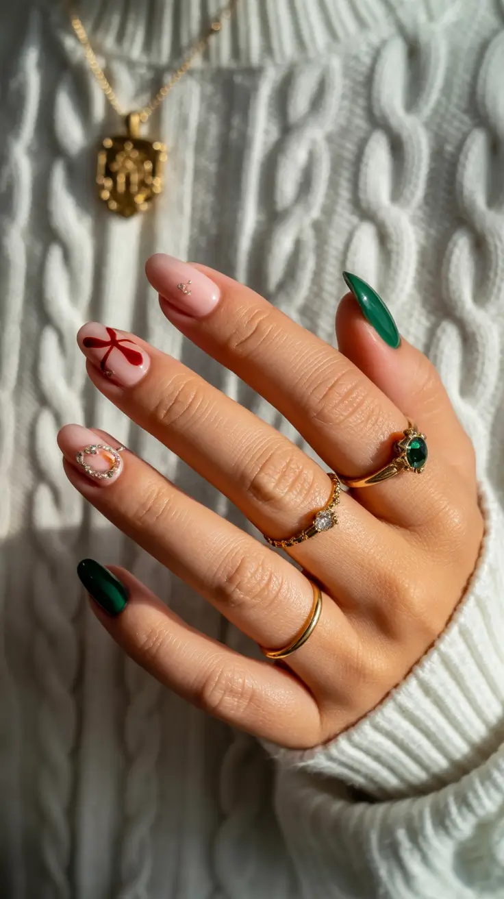 Trendy winter nail colors 2025–2026 Festive Green & Ribbon Chic