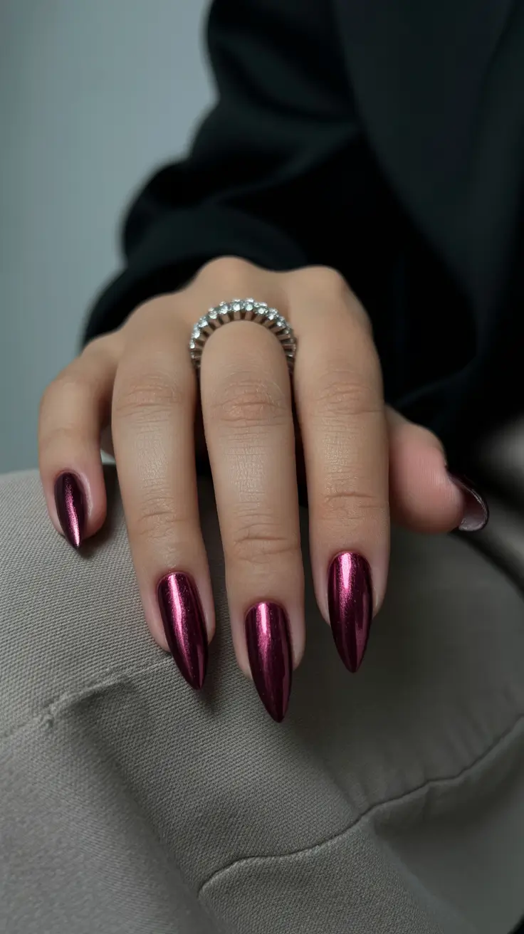 Trendy winter nail colors 2025–2026 Metallic Merlot Mirage