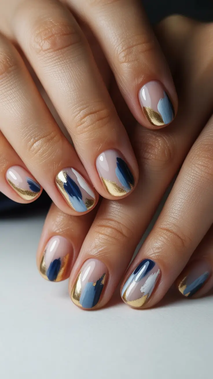 Trendy Winter Nail Colors 2025–2026 Modern Art in Blue and Gold