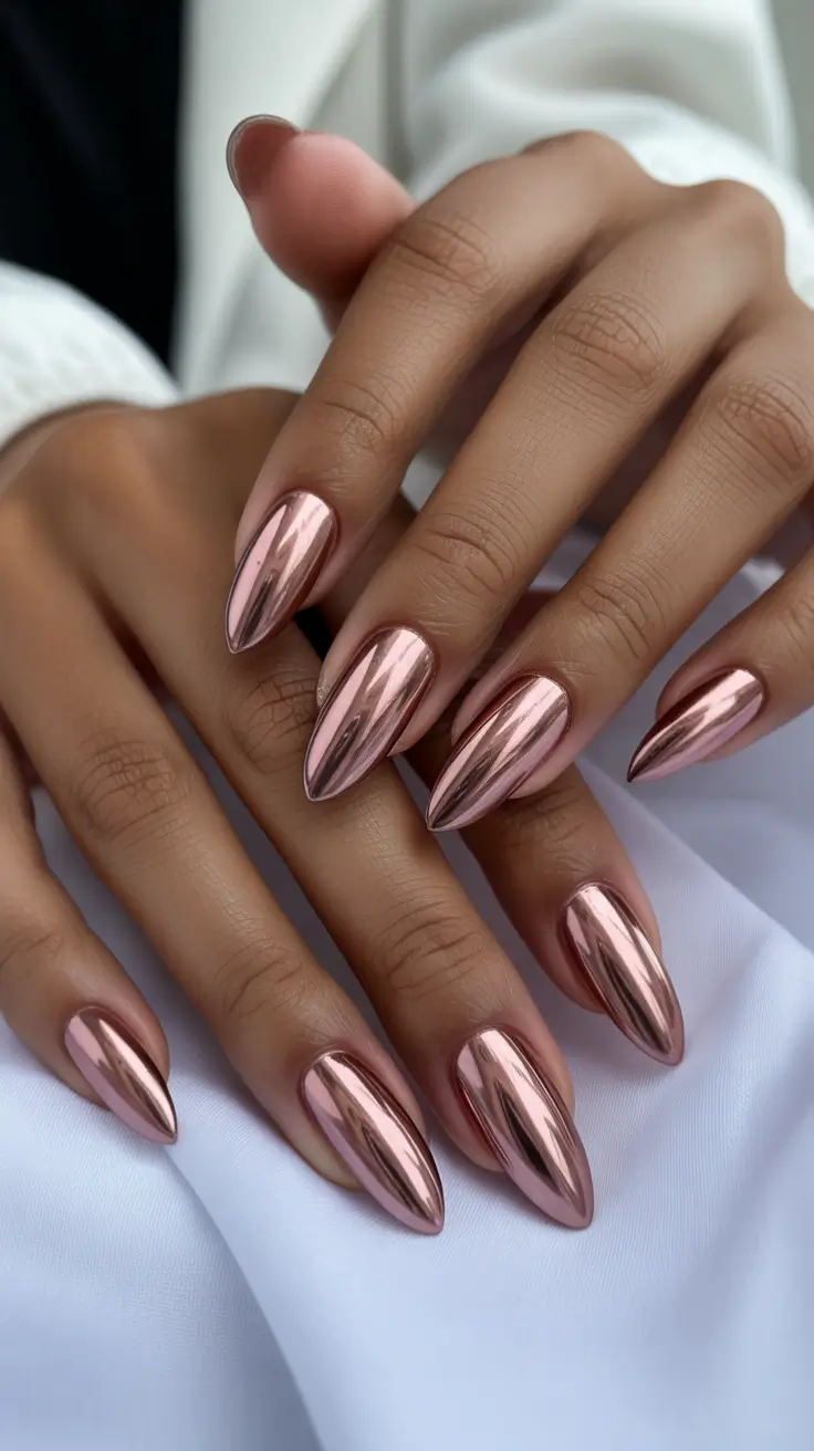 Trendy Winter Nail Colors 2025–2026 Rose Chrome Elegance