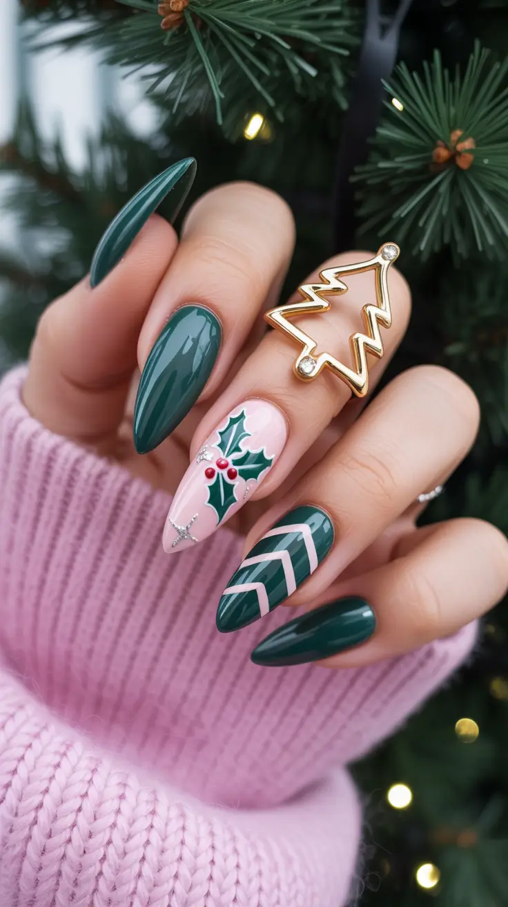 winter-nails-2025-2026-holiday-evergreen-pink-frost