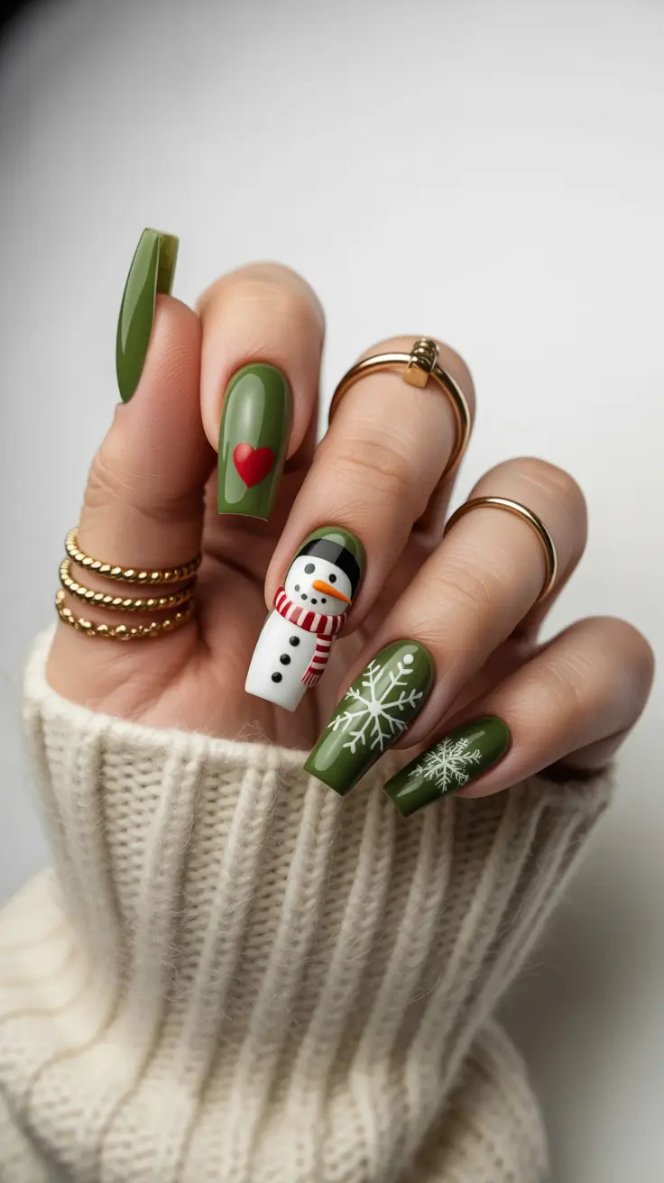 winter-nails-2025-2026-snowman-olive-green-whimsy