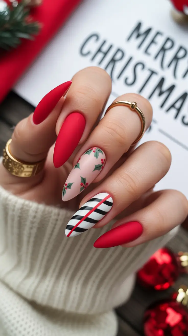 Trendy Winter Nails 2025-2026 Festive Candy Red & Holly Chic