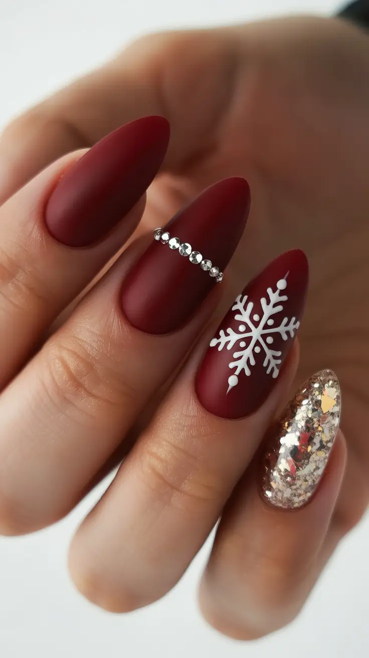 Trendy Winter Nails 2025-2026 Velvet Burgundy Snowflake Glam