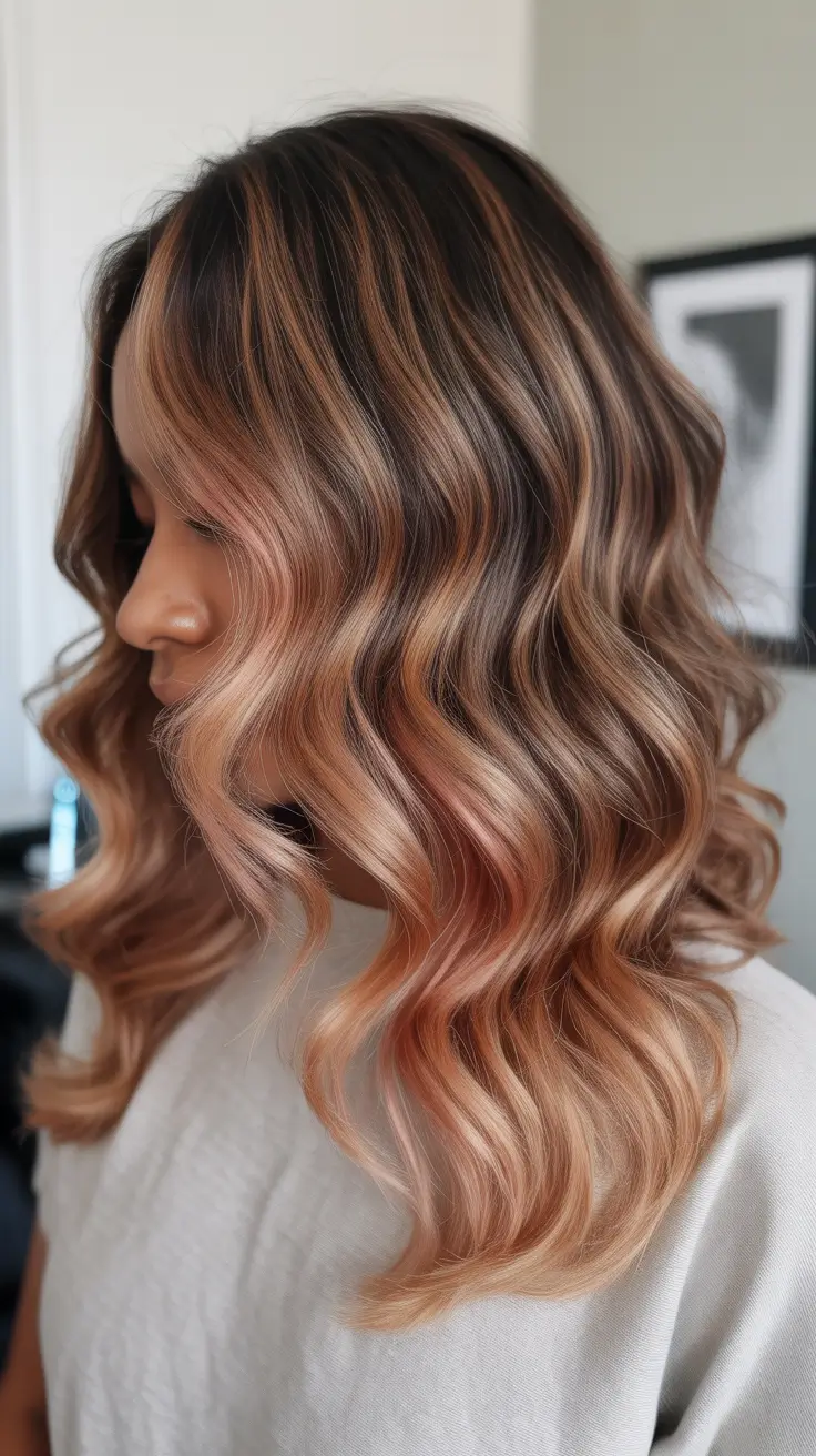winter hair colors for black women 2025-2026 Rose-Gold Glow on Brunette Waves
