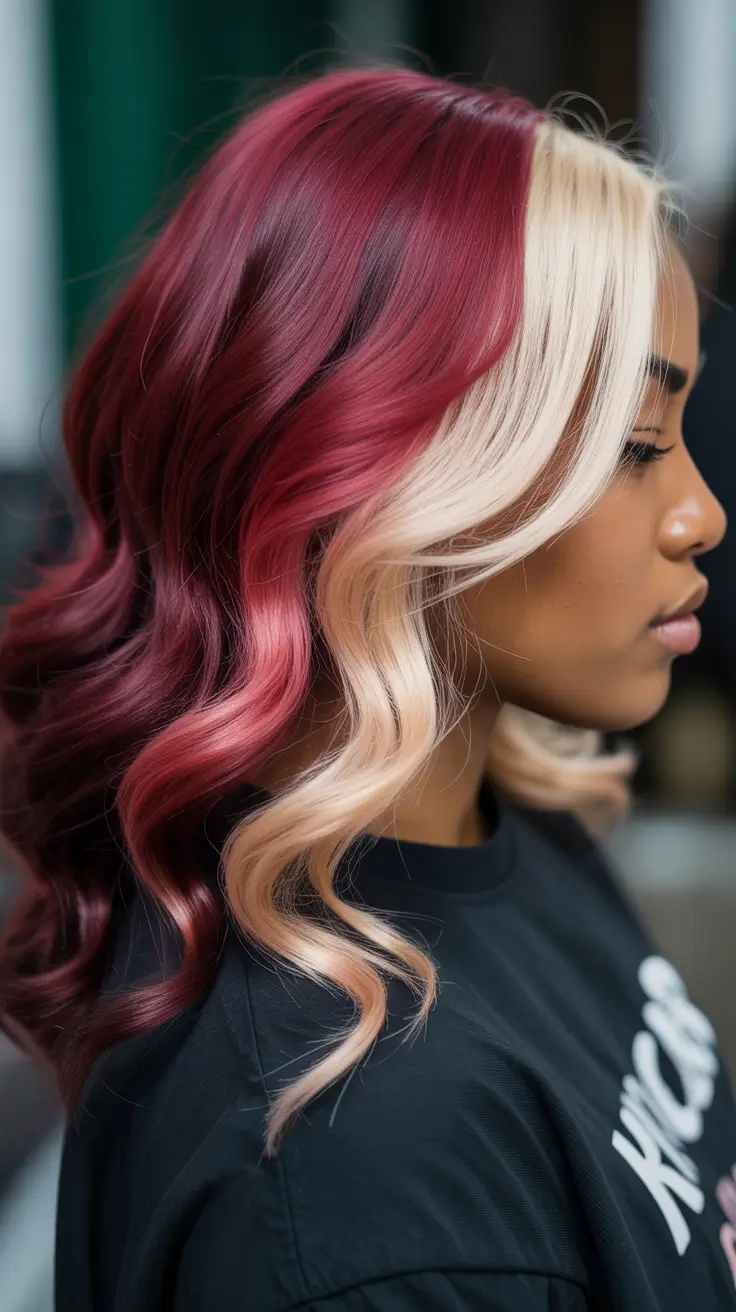 winter hair colors for black women 2025-2026 Berry and Blonde Split Color