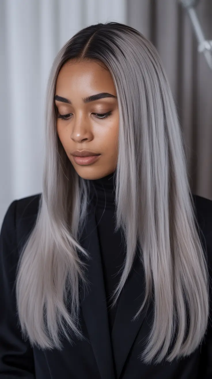 winter hair colors for black women 2025-2026 Steel Gray Elegance