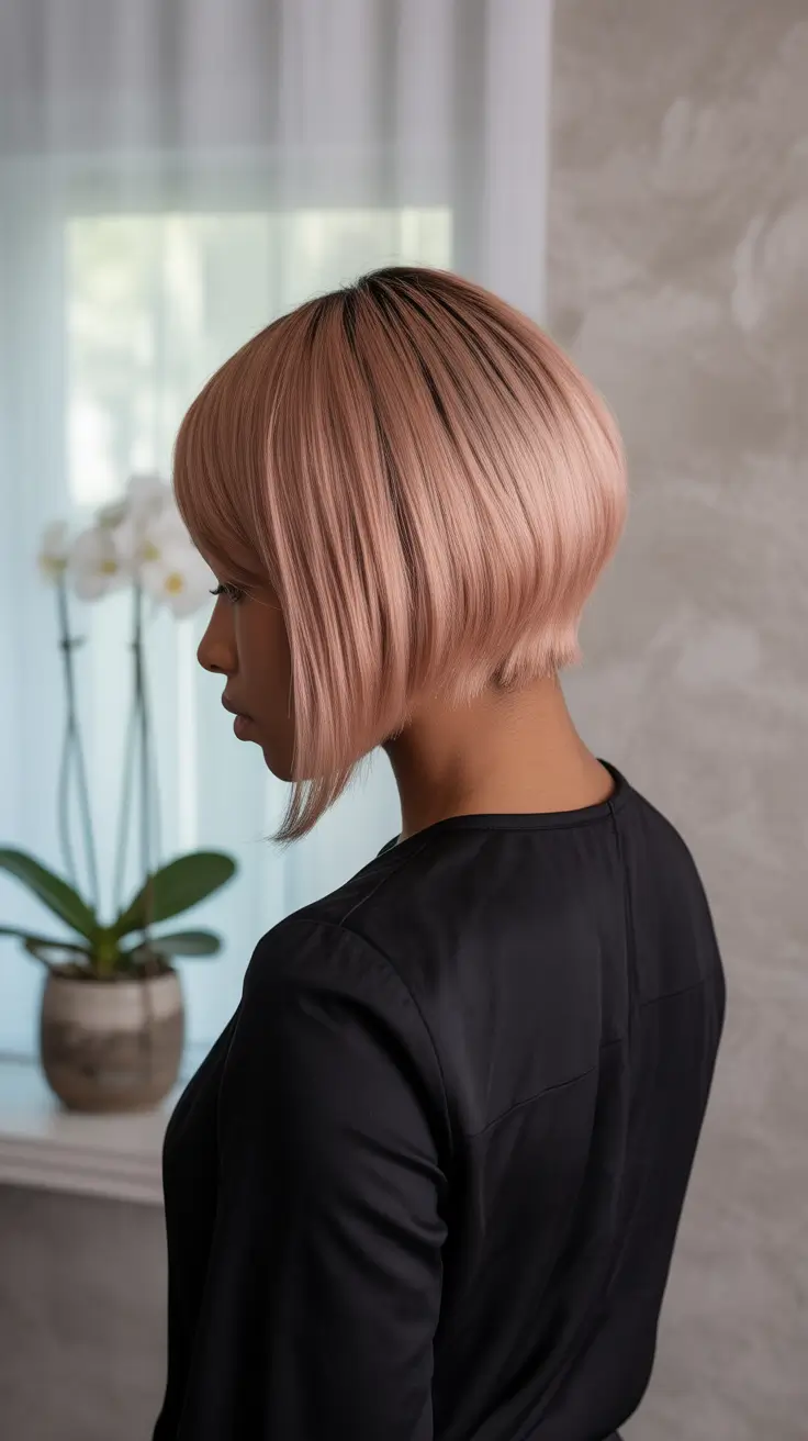 winter hair colors for black women 2025-2026 Rose-Toned Short Bob with Sleek Finish