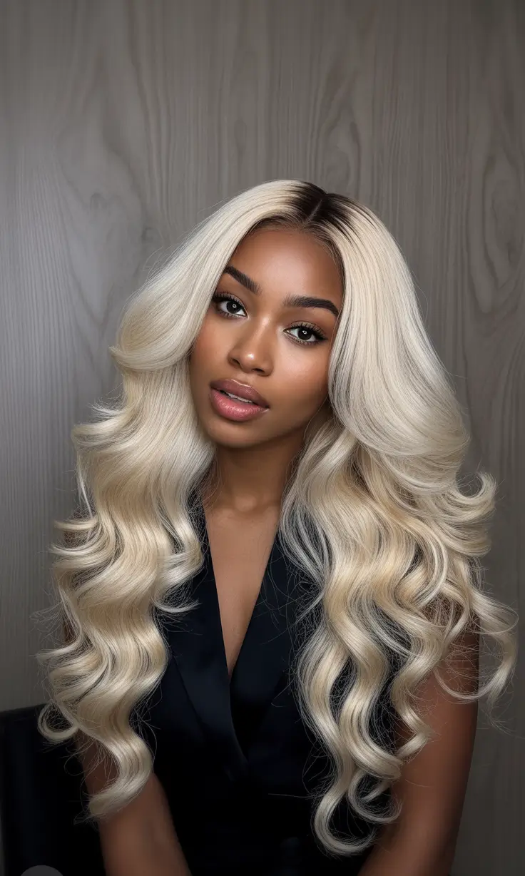 winter hair colors for black women 2025-2026 Icy Platinum Long Curls