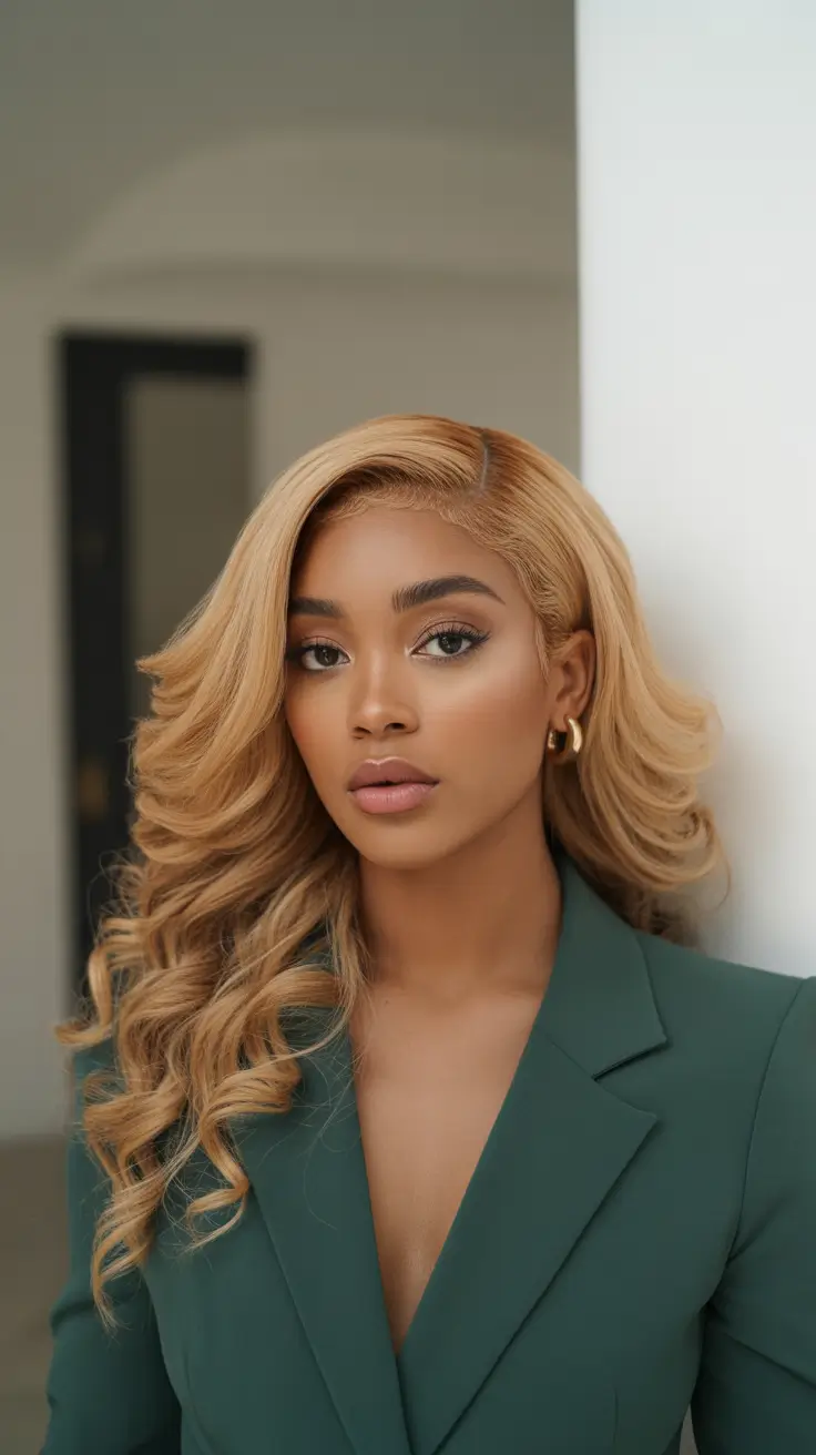winter hair colors for black women 2025-2026 Caramel Blonde Elegance with Side Part