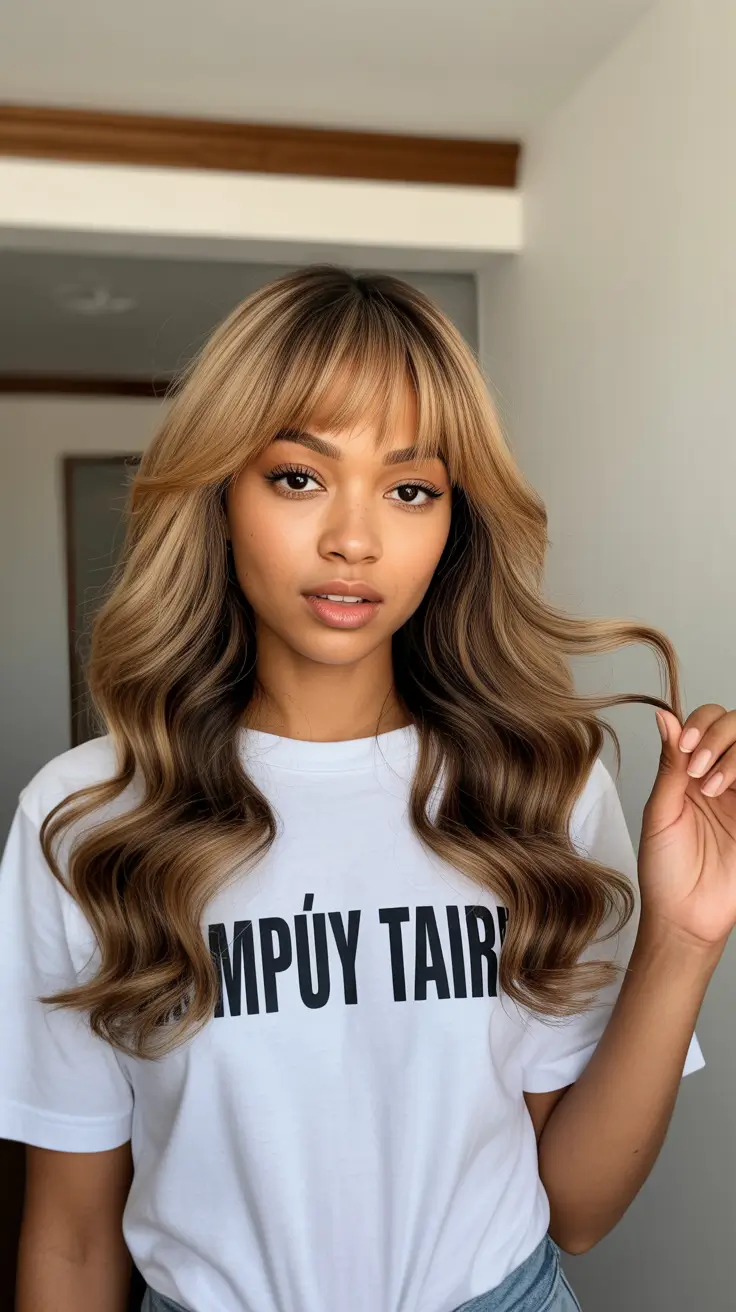 winter hair colors for black women 2025-2026 Soft Brunette Balayage with Face-Framing Bangs