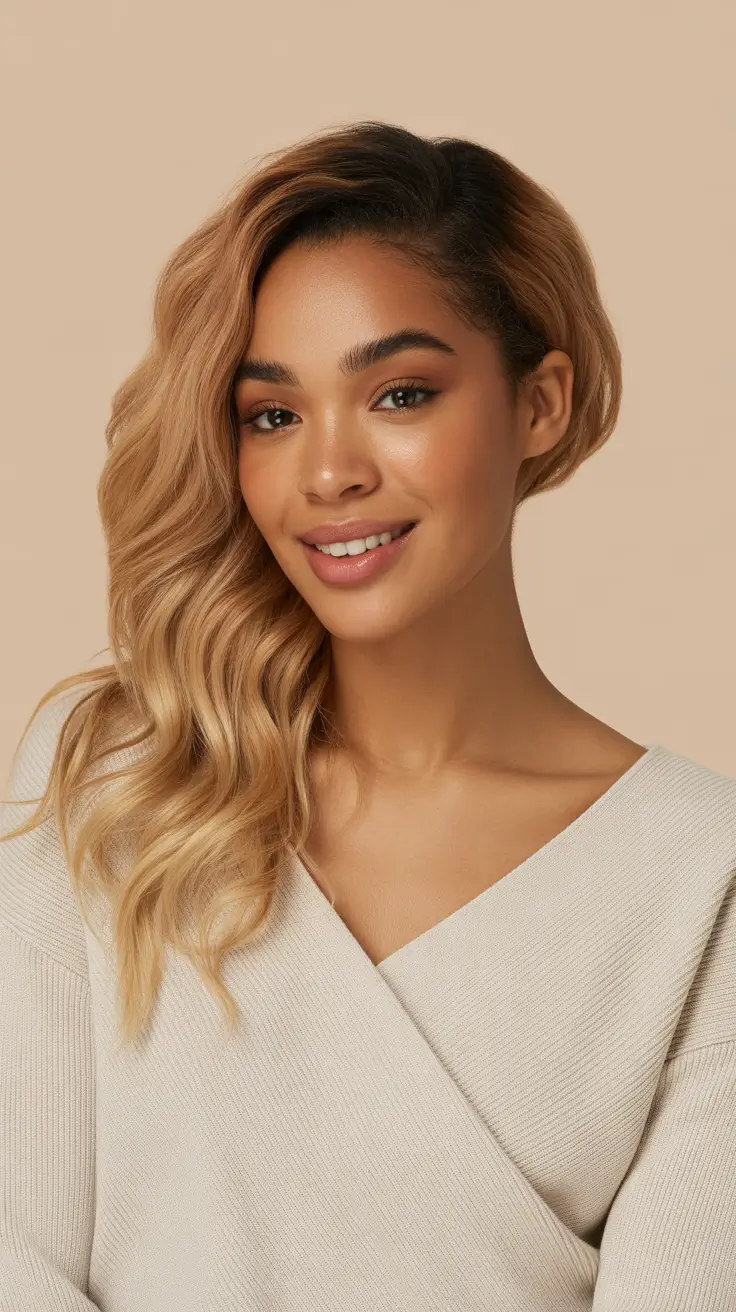 winter hair colors for black women 2025-2026 Golden Ombre with Asymmetric Part