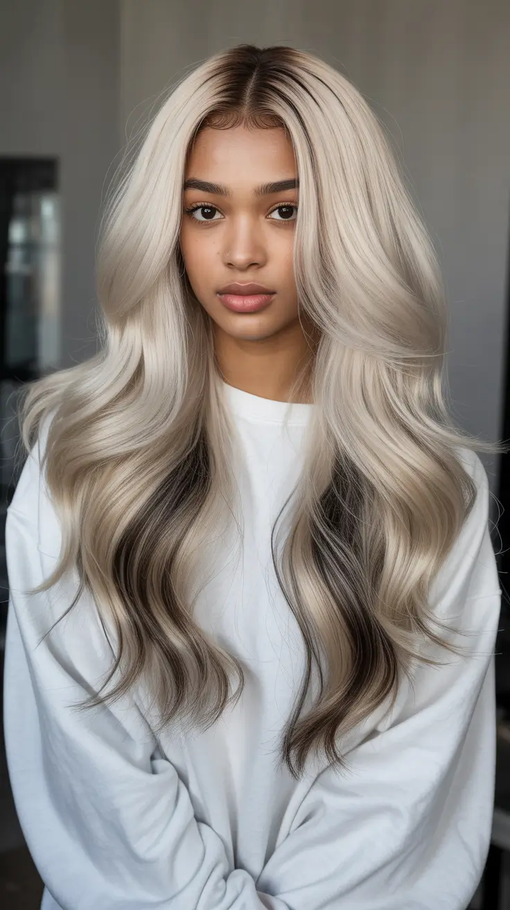winter hair colors for black women 2025-2026 Smoky Silver Ombre with Dark Roots