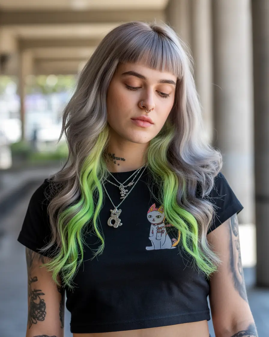 winter hair colors for blondes 2025-2026 edgy silver with neon peekaboo