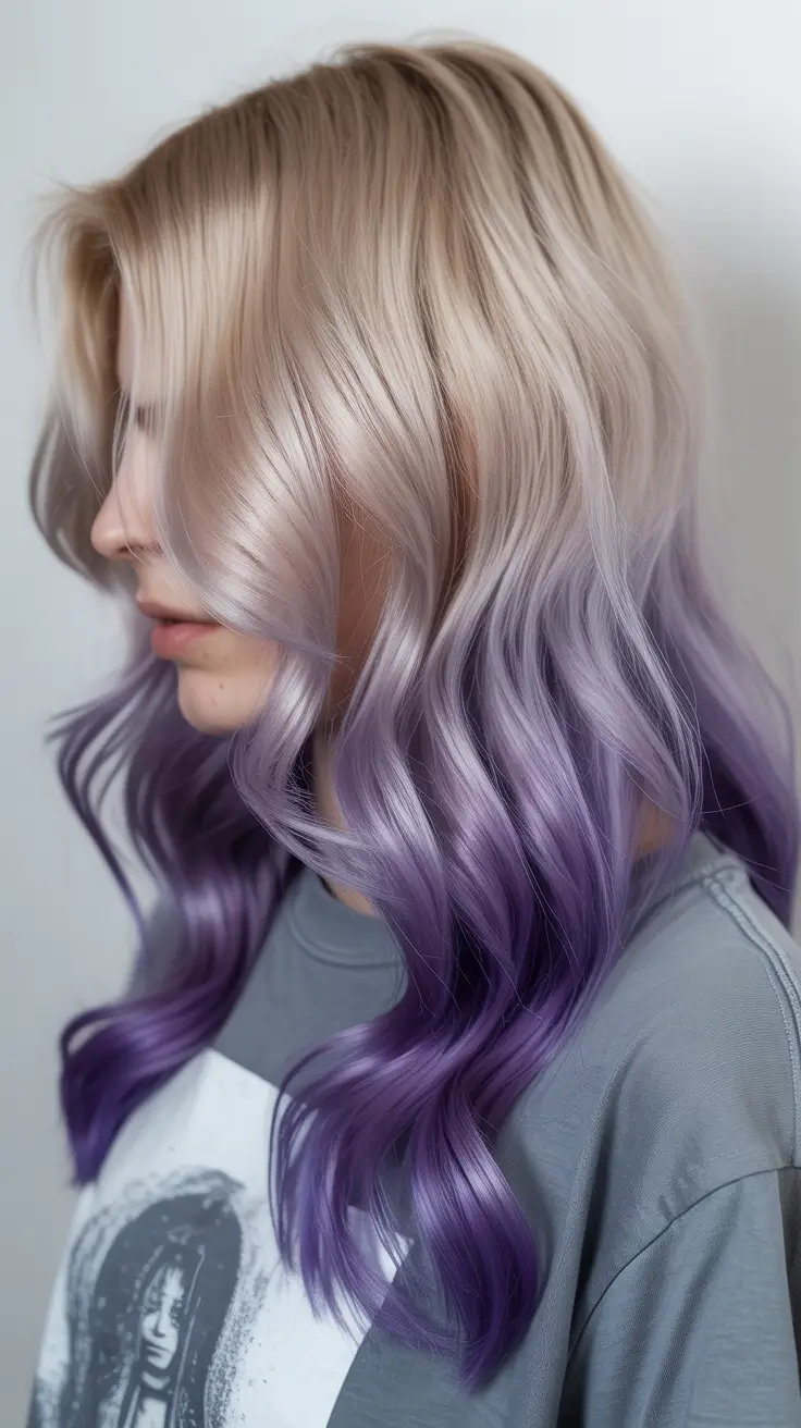 winter hair colors for blondes 2025-2026 Lavender Ombre Glow