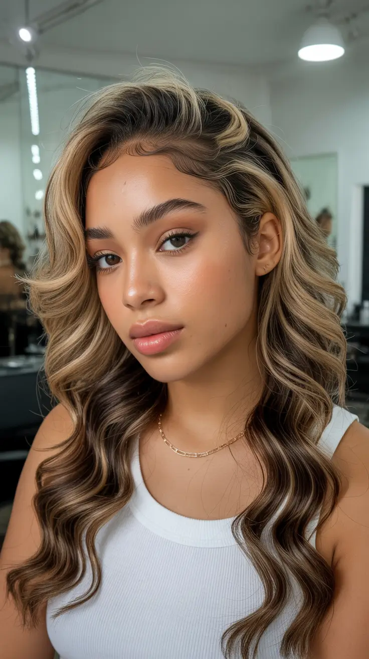winter hair colors for brown hair 2025-2026 Honey Blonde Halo on Waves
