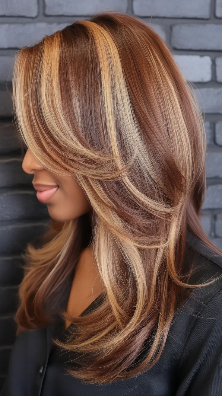 winter hair colors for brown hair 2025-2026 Dimensional Caramel and Blonde Layers