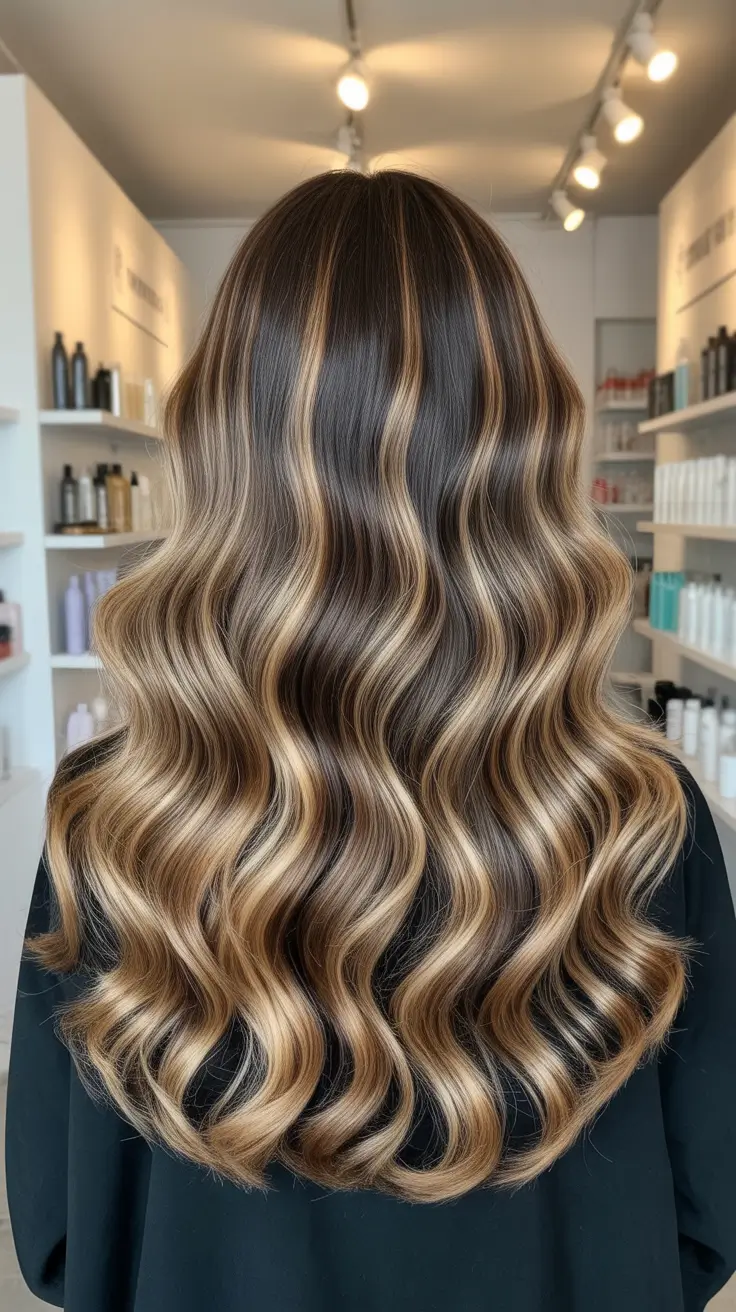 winter hair colors for brown hair 2025-2026 Soft Ribbons of Blonde on Chocolate Brown