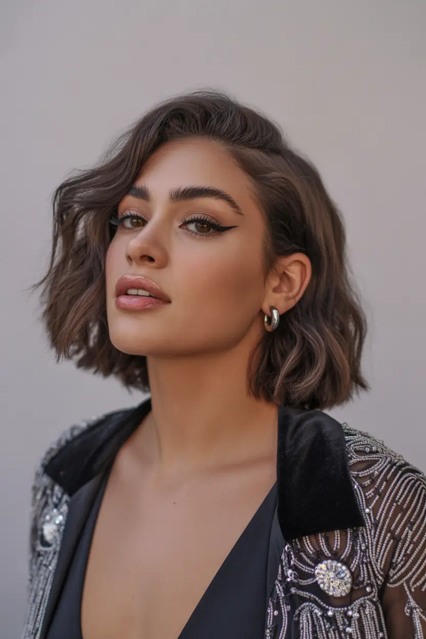 winter hair colors for brown hair 2025-2026 Textured Brunette Bob with Ash Undertones