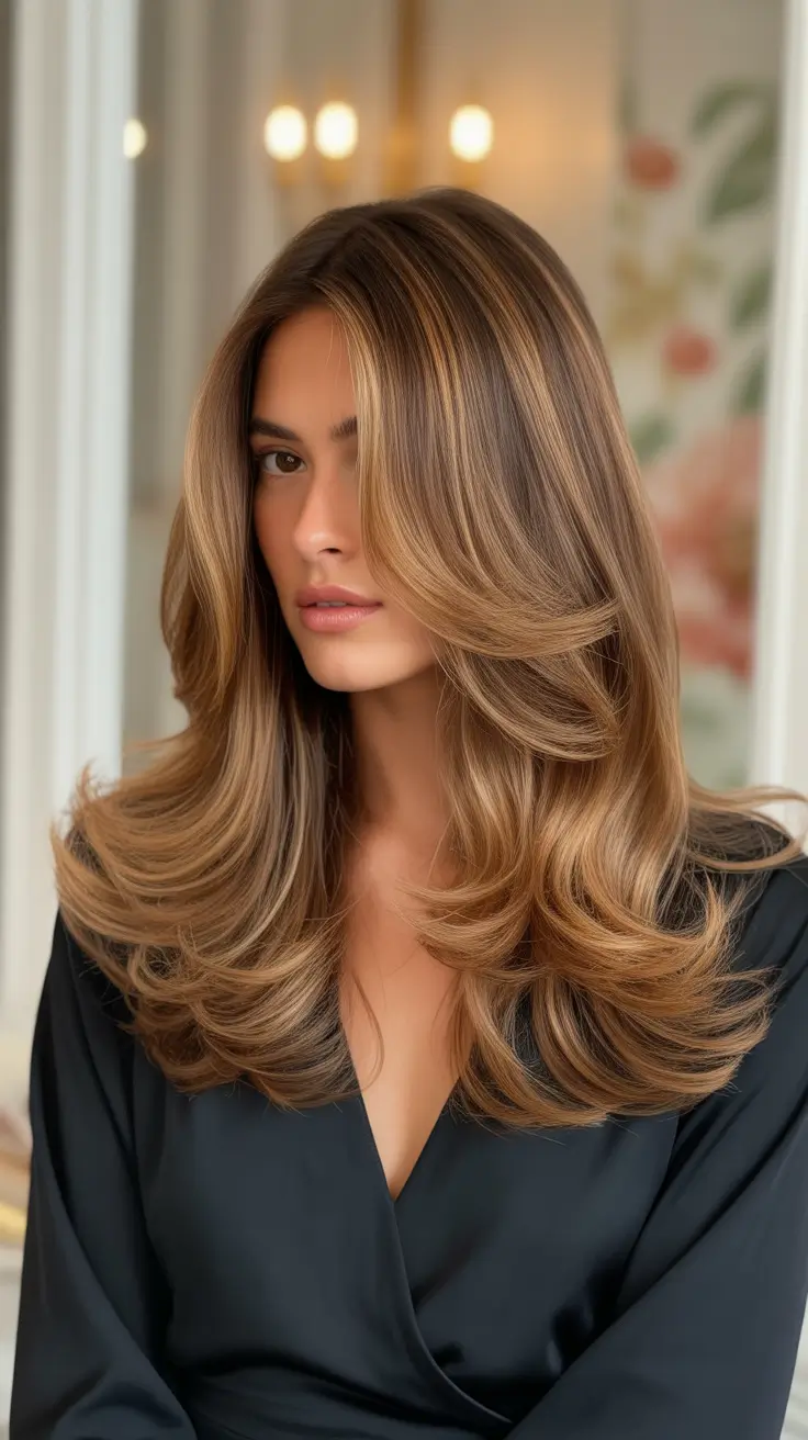 winter hair colors for brown hair 2025-2026 Classic Layered Brunette with Blonde Veil