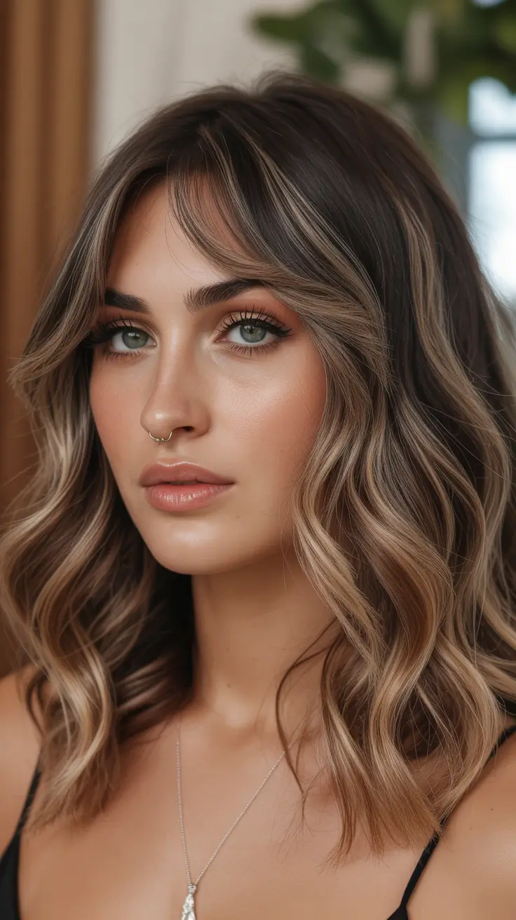 winter hair colors for brown hair 2025-2026 Wavy Mocha with Soft Face-Framing Light