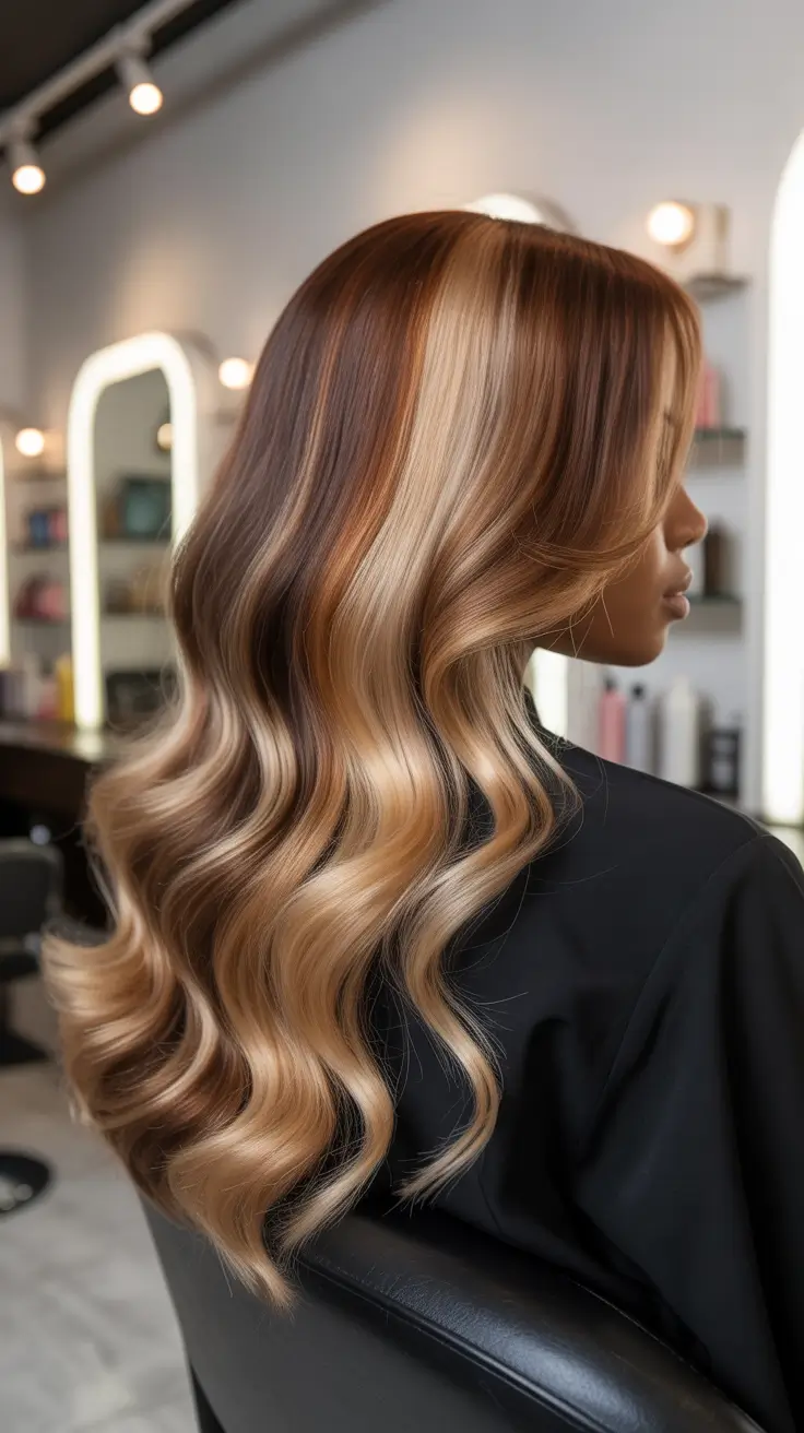 winter hair colors for brown hair 2025-2026 High-Contrast Caramel and Blonde Veins