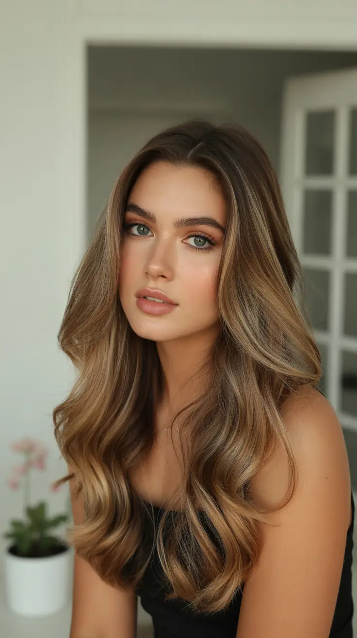 winter hair colors for brown hair 2025-2026 Golden Balayage for Long Brown Hair