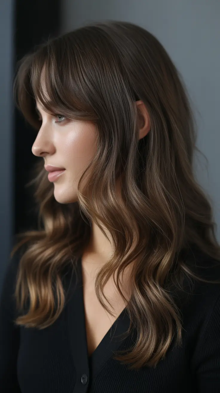 winter hair colors for brown hair 2025-2026 Glossy Espresso with Soft Curtain Bangs