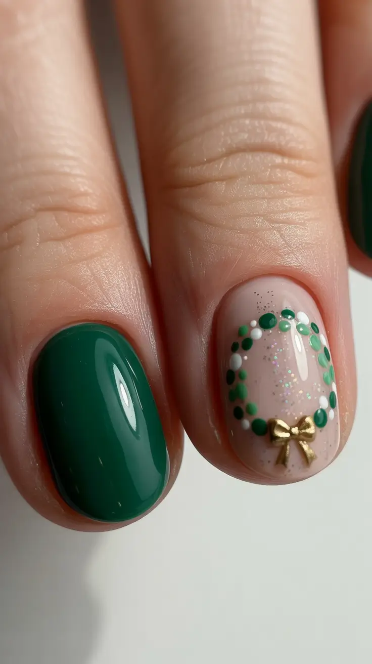 Winter 2025–2026 emerald manicure with gold bow