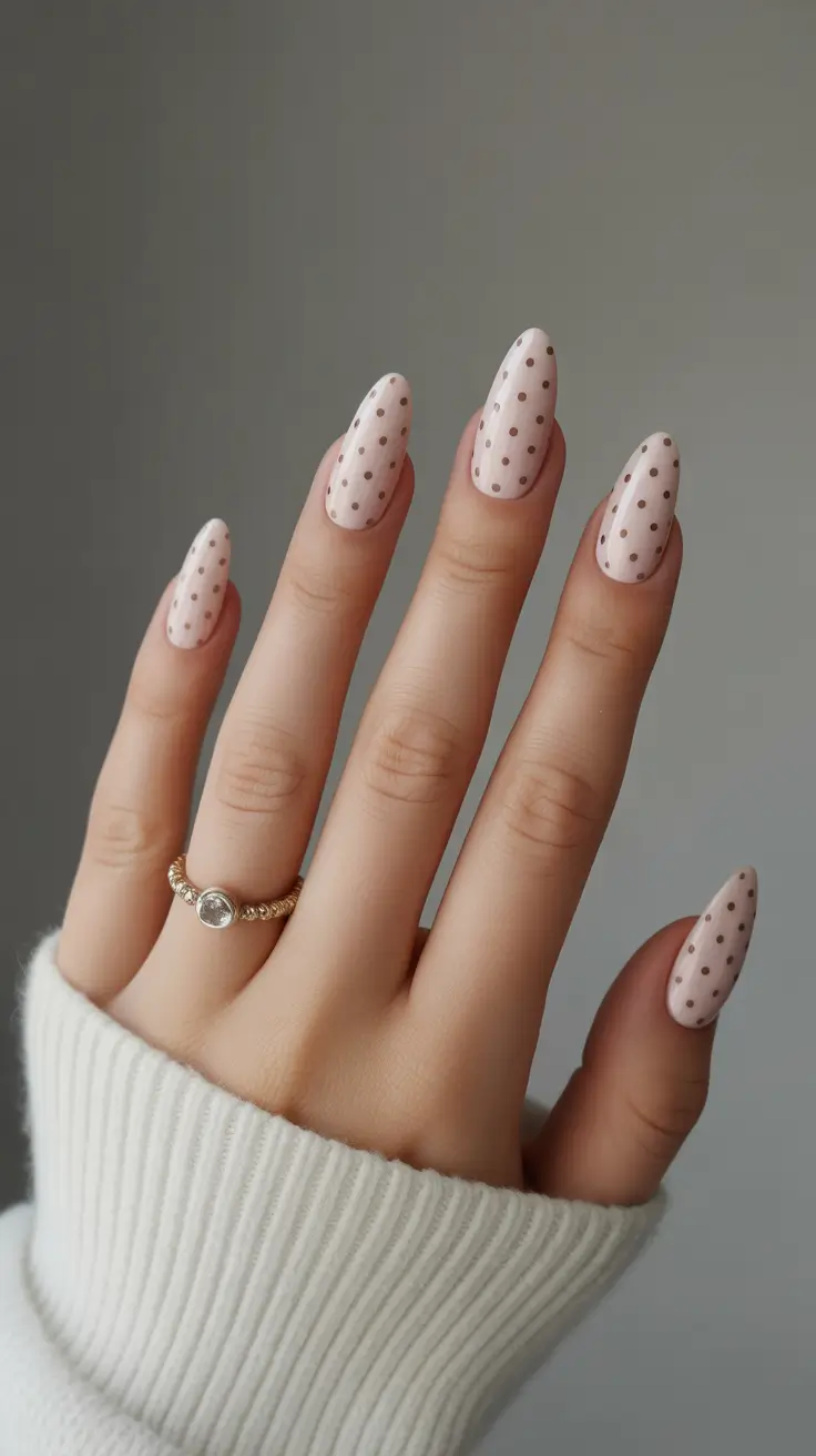 Winter 2025–2026 nude polka dot manicure