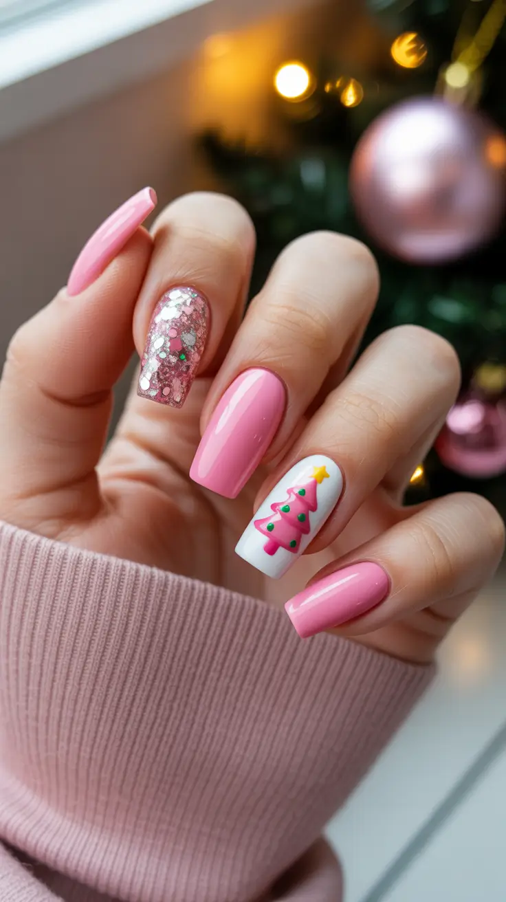 Winter 2025–2026 pink Christmas nail design