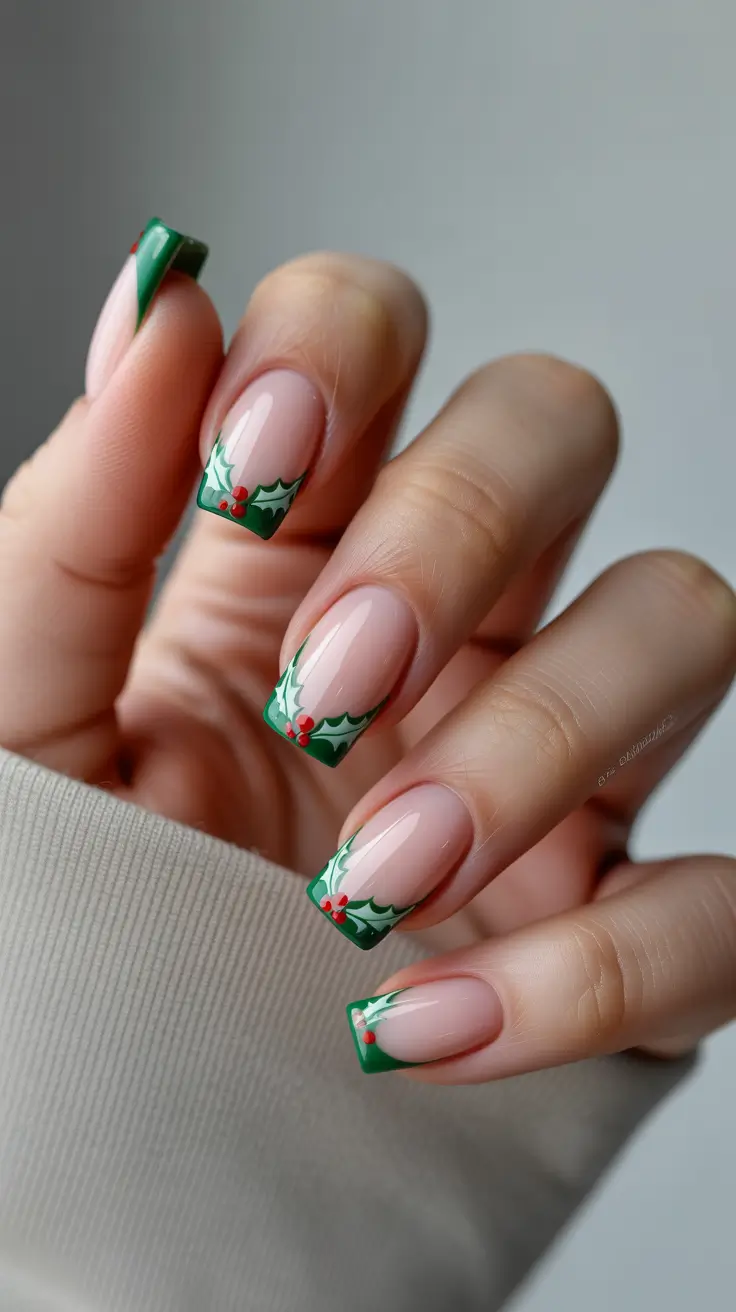 Winter 2025–2026 evergreen French manicure with holly details