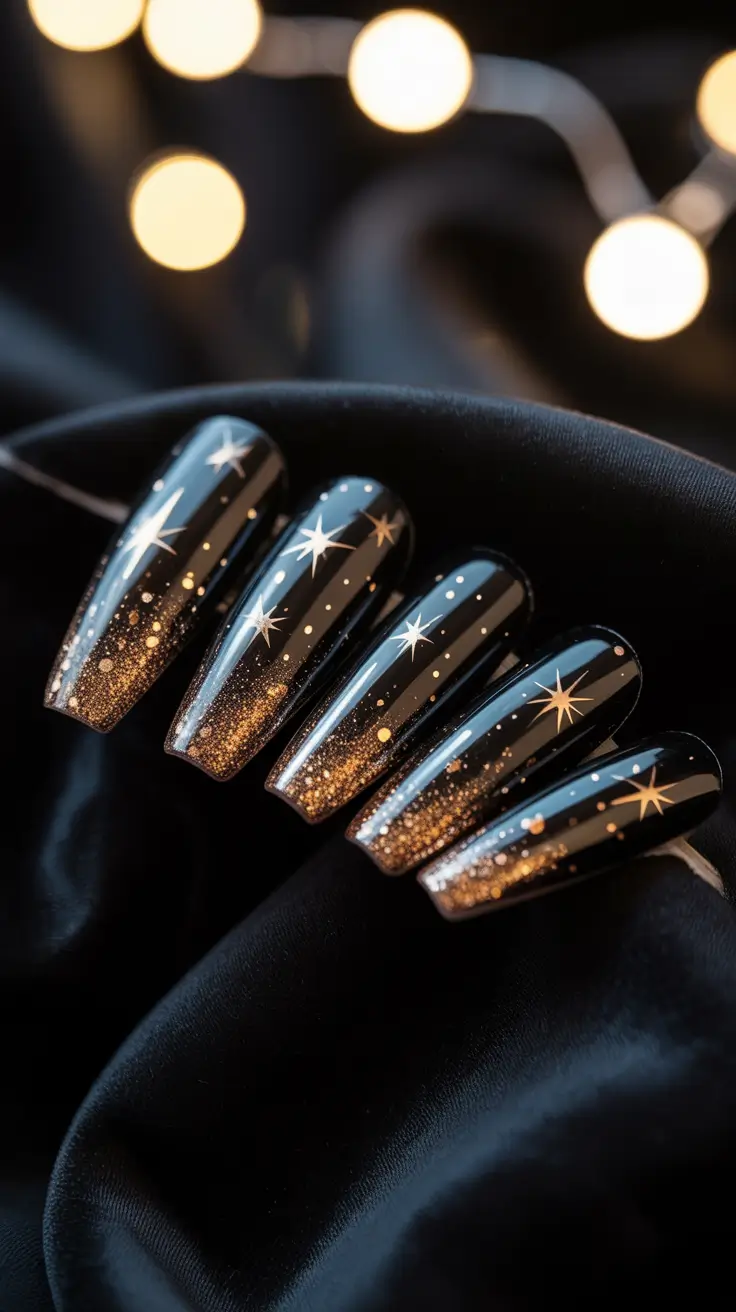 Winter 2025–2026 black gold starlight manicure